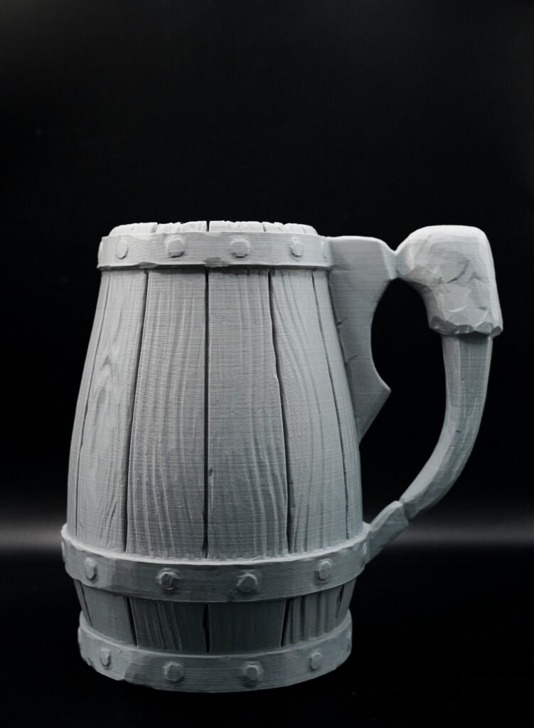 3D printed wood-barrel style tankard mug, front view