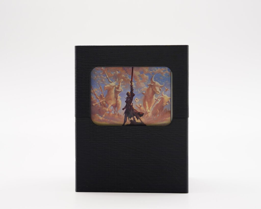 3D printed black trading card display stand, front view with card inserted
