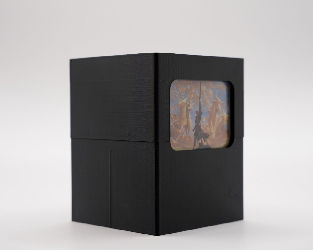 3D printed black trading card display stand, closed view
