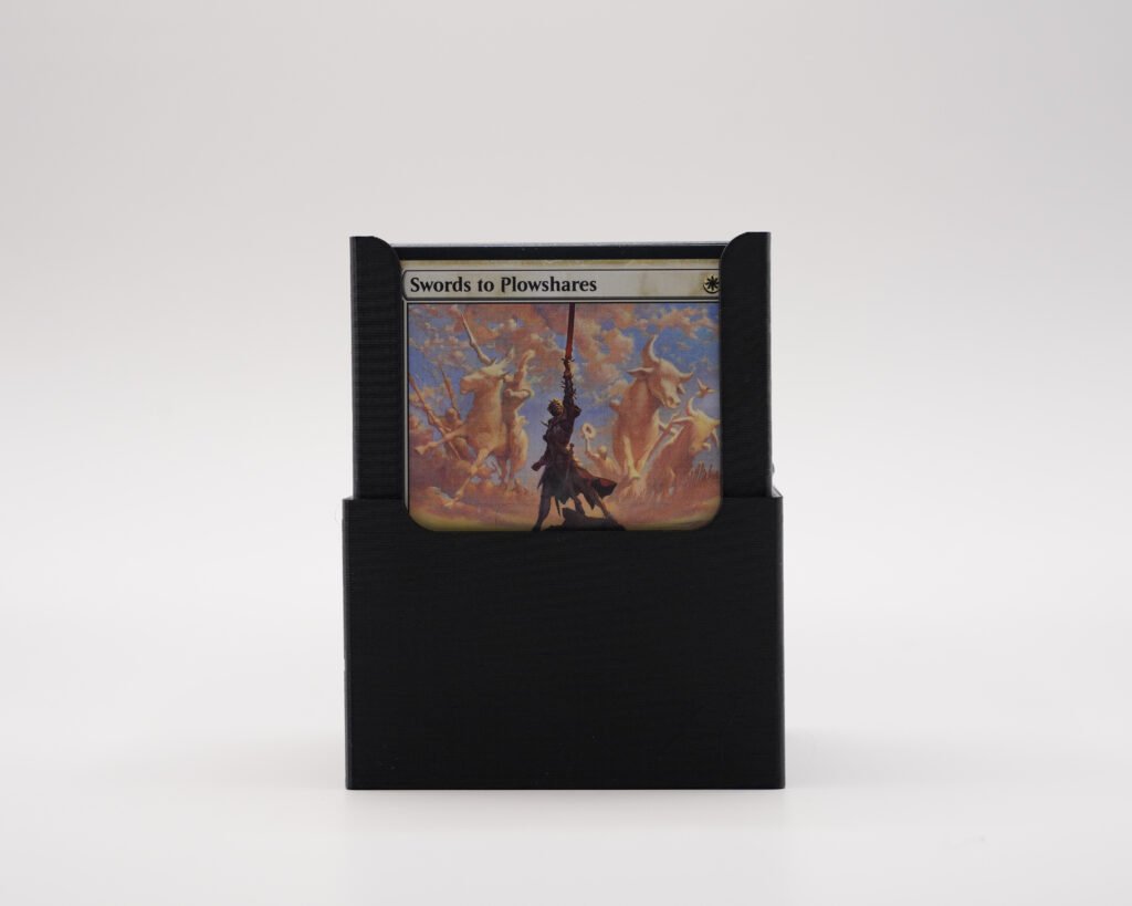 3D printed black trading card display stand holding a single Magic: The Gathering card upright