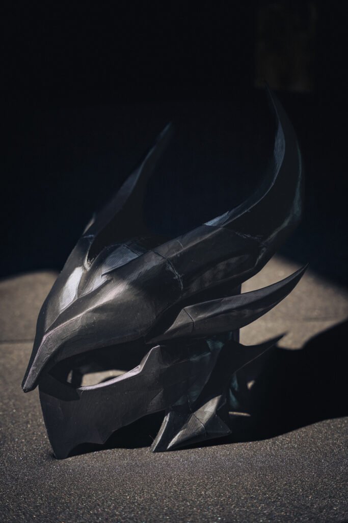 3D printed Daedric helmet replica inspired by Skyrim, dark artistic lighting