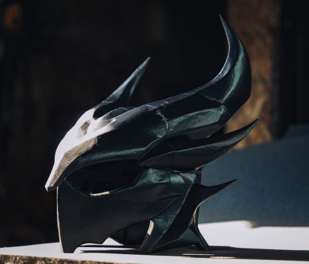 3D printed Daedric helmet replica inspired by Skyrim, close-up front angle