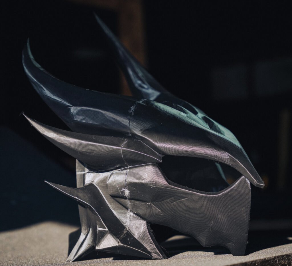 3D printed Daedric helmet replica inspired by Skyrim, side profile view